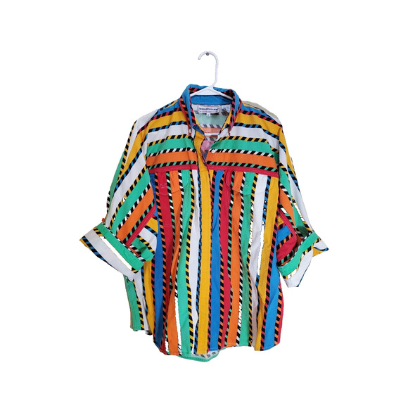 Y2K Rainbow Striped Women's Medium Large Boxy Button Up Top POP Swag Drip 90s - Picture 1 of 6